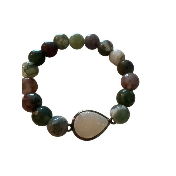 Natural Agate Quartz Druzy Stone Beaded Bracelet Teardrop Tight Stretch 6" - Picture 4 of 5